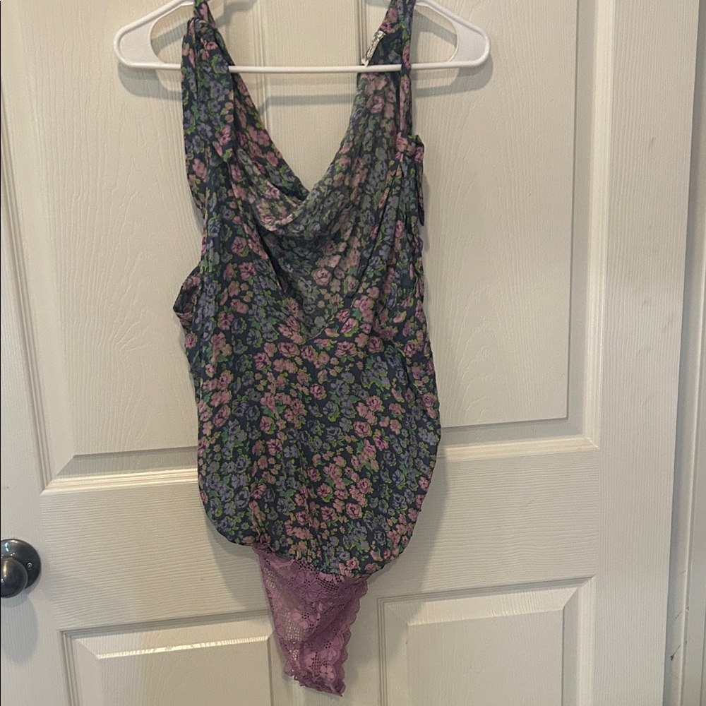 Free people Floral Lace-Trim Cowl Neck Bodysuit - Purple/Green